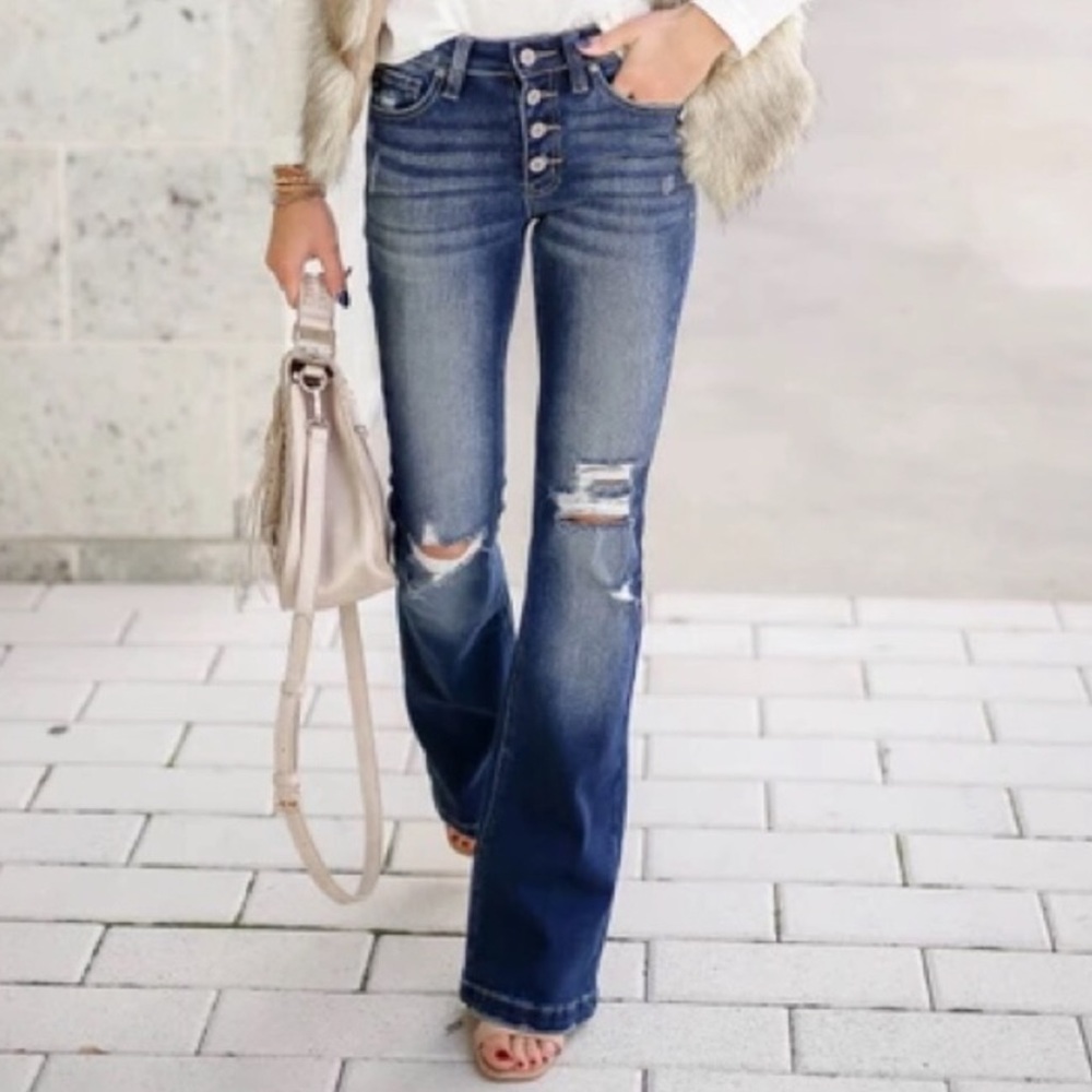 NWT Kan Can Dark Wash Distressed Button Fly Flare Bell Bottom Denim Jean Petite